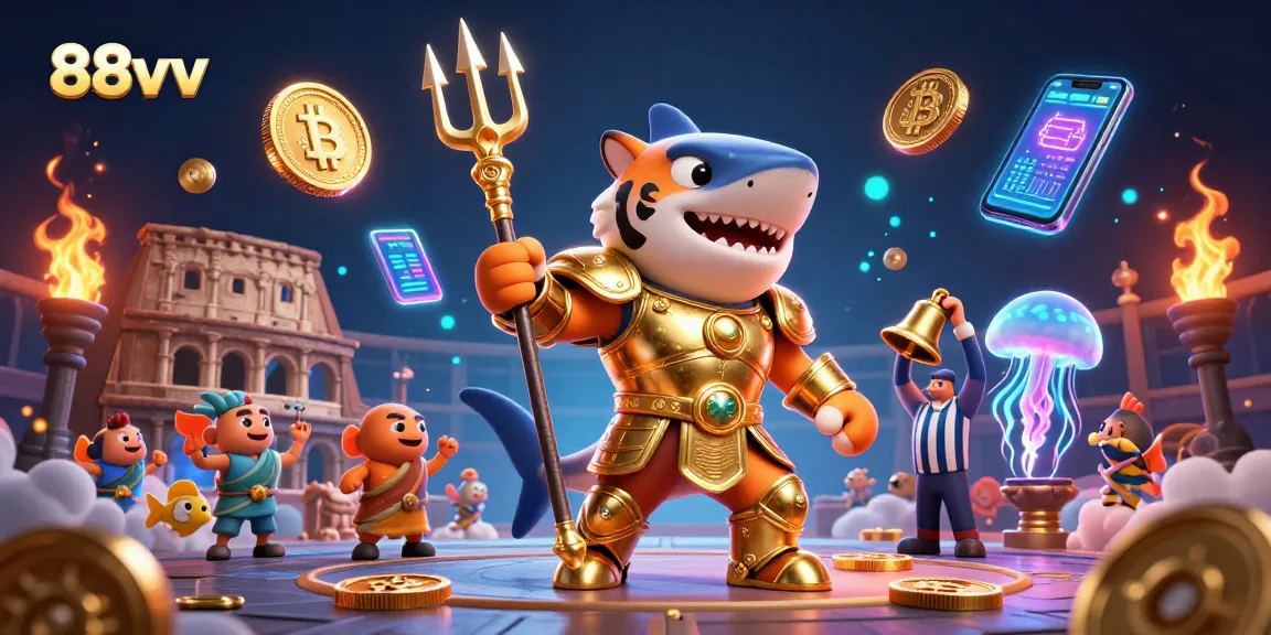Engage with 88vv's thrilling underwater casino scene featuring a gladiator shark and crypto elements.