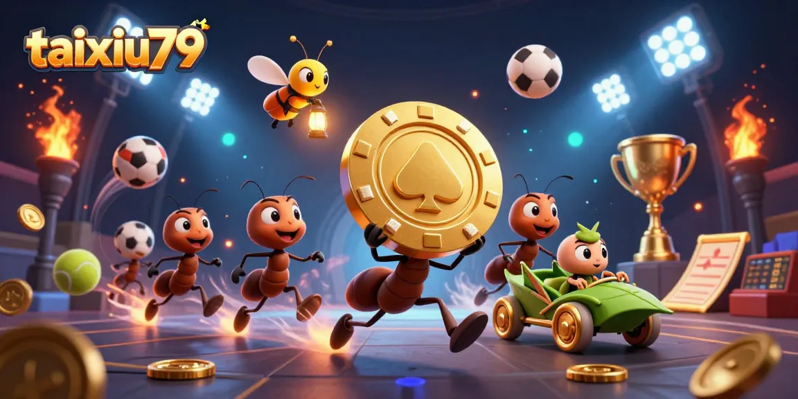 Experience the thrilling heist at taixiu79 with a team of cartoon ants stealing a giant golden poker chip.