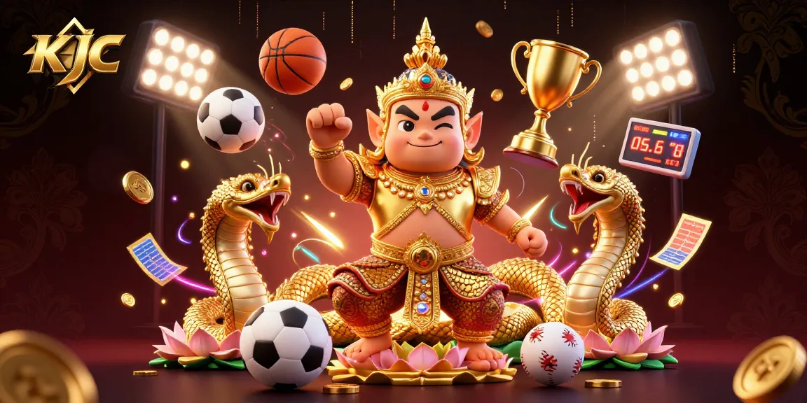 KJC showcases an exciting gambling scene with a Thai guardian, Naga serpents, and multiple sports elements representing online betting.