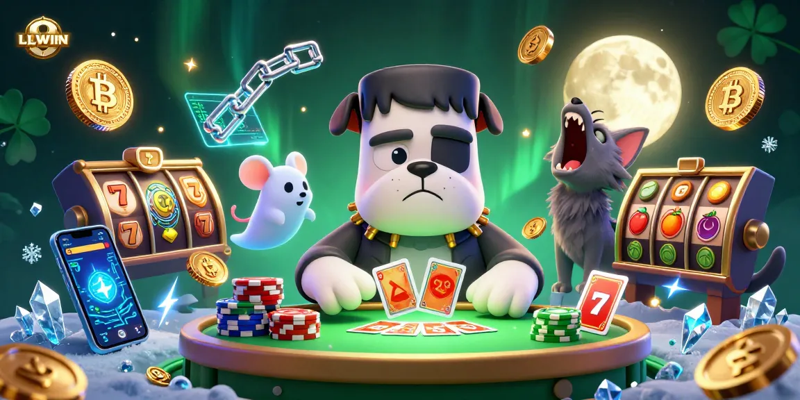 Engage with LLWIN at a lively casino scene featuring unique characters, vibrant colors, and immersive gaming elements.