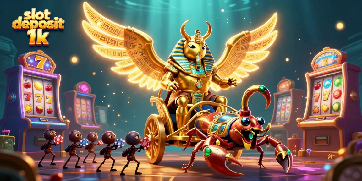 Permainan slot deposit 1k dengan karakter unik dan mesin slot berputar yang menonjol, menciptakan pengalaman kasino yang menyenangkan.