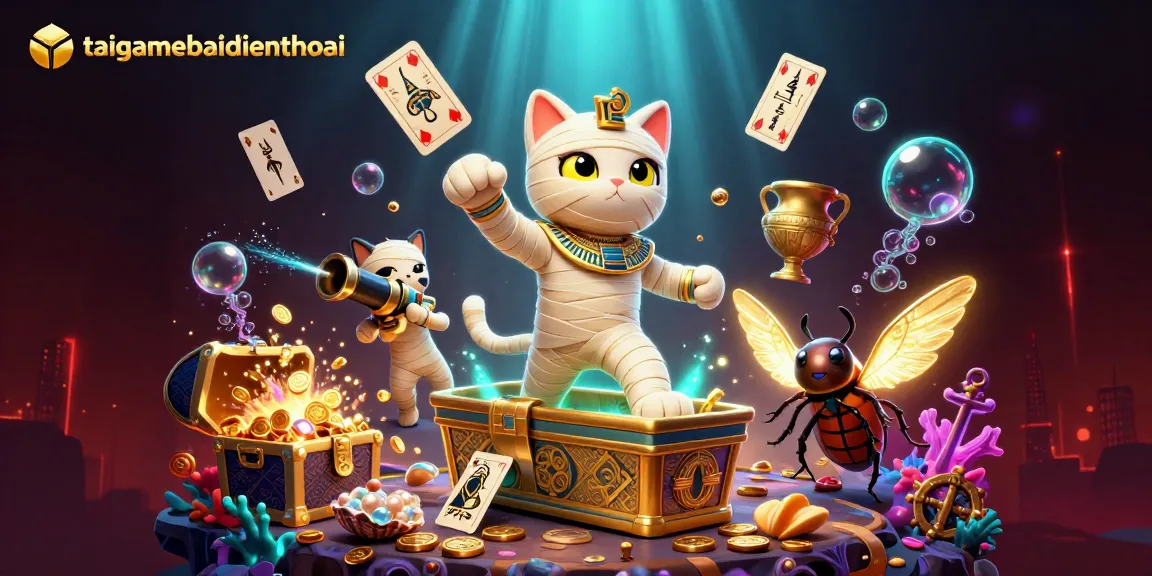 Experience thrills with taigamebaidienthoai as the mummy cat emerges from the sarcophagus in an enchanting casino.