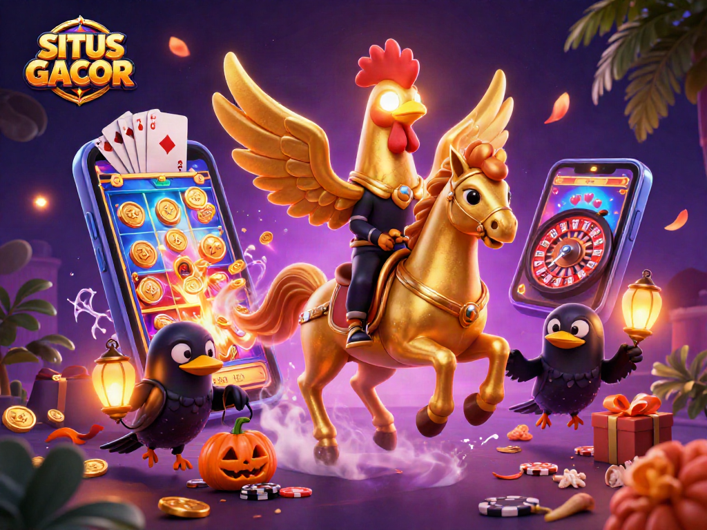 Join the excitement with SITUS GACOR as the golden rooster navigates a vibrant casino adventure.