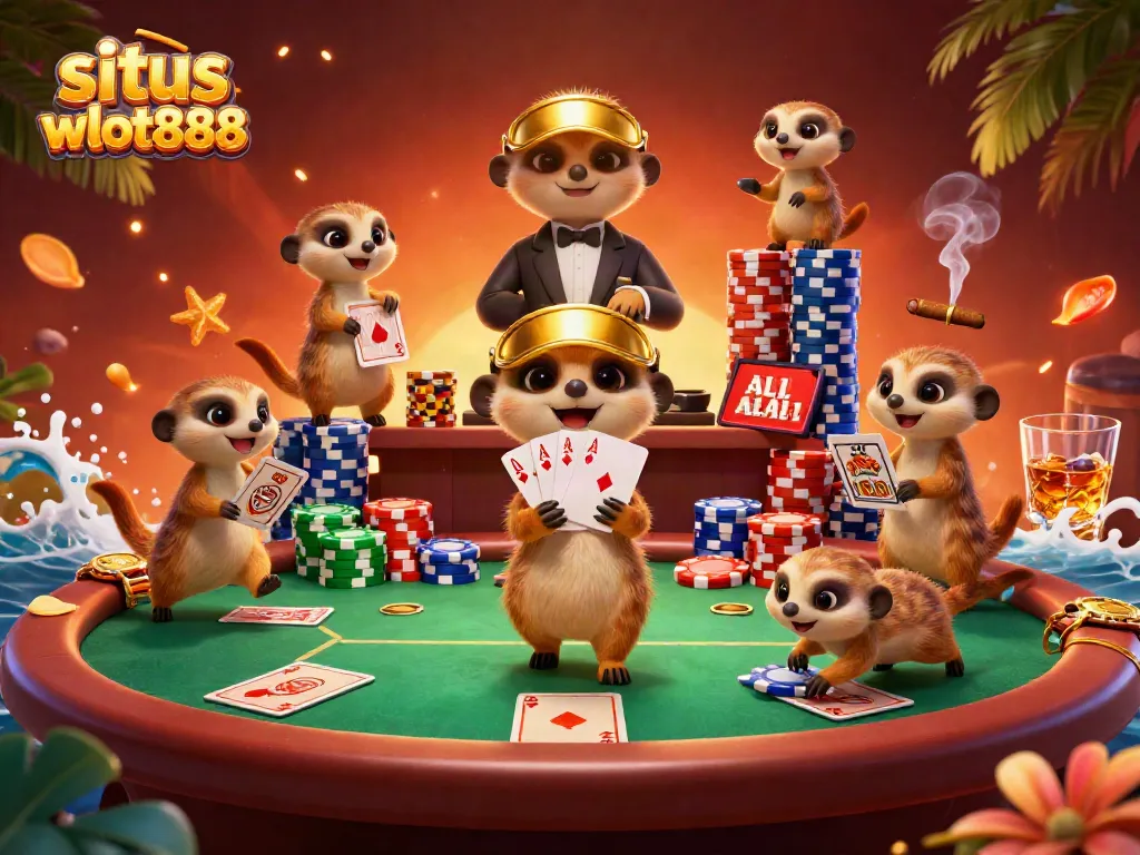 Melihat aksi seru di situs wslot888, dengan koloni meerkat menjalankan operasi kasino dengan elemen permainan yang mencolok.