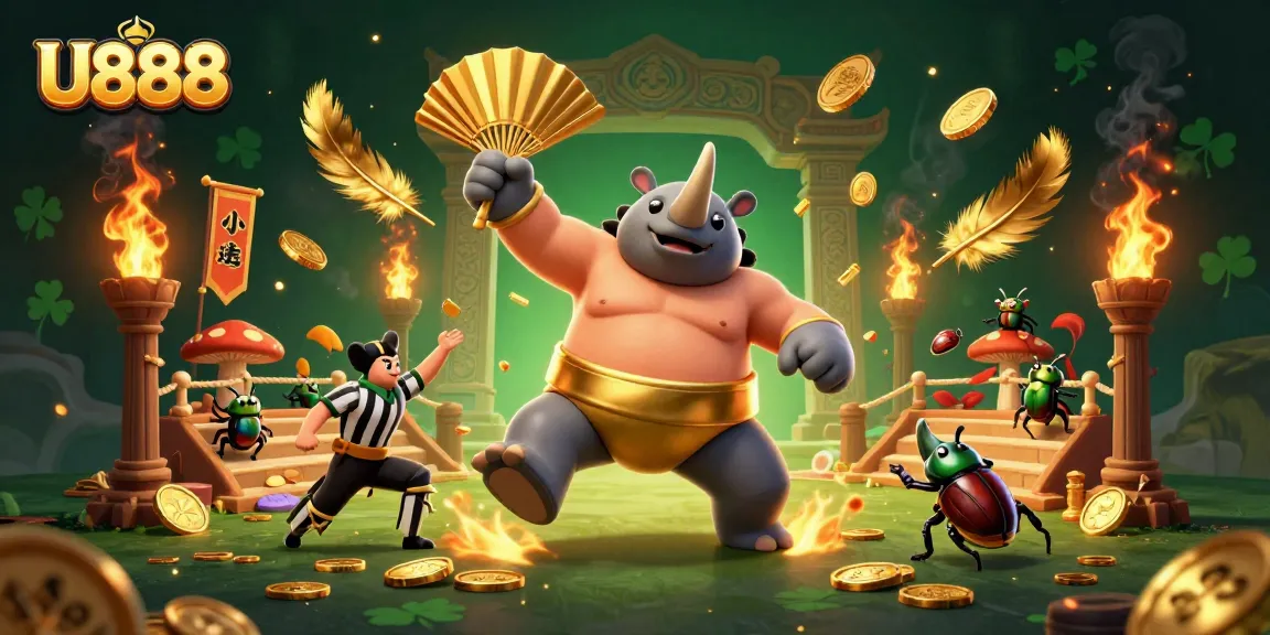 Experience U888's vibrant casino action with a beetle champion, coins flying, and a dynamic arena atmosphere.