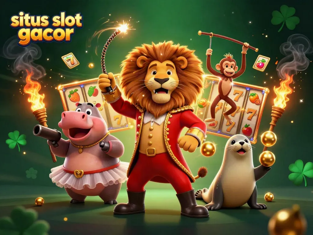 Experience the excitement of situs slot gacor with vibrant illustration of a circus-themed casino scene.