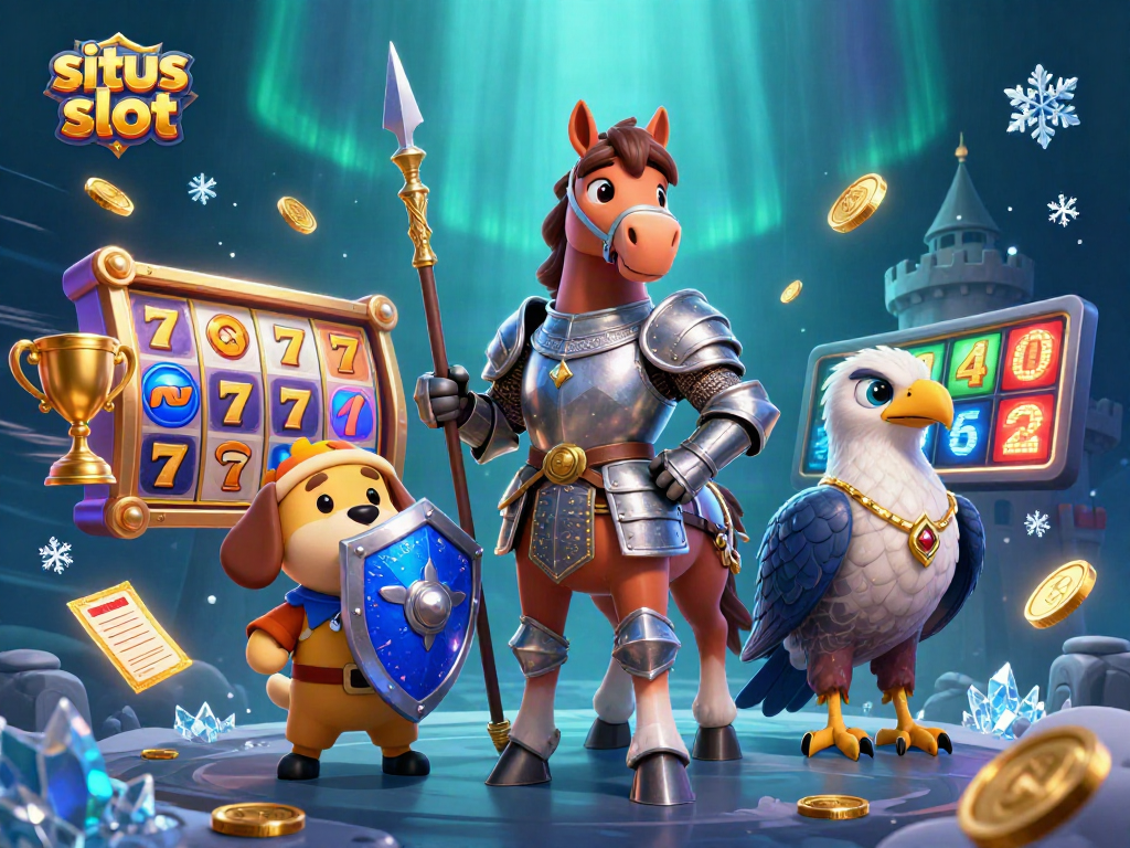 Spin the reels at situs slot with a knight, puppy, and falcon amidst vibrant casino elements.