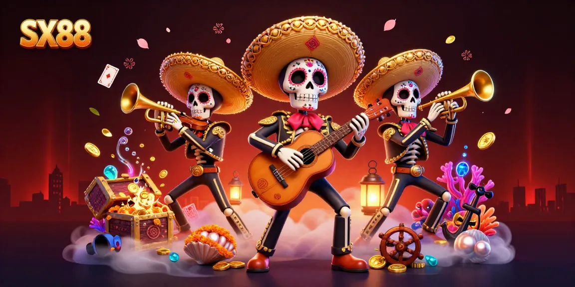 SX88 brings excitement in a vibrant Mariachi casino scene with treasure and bioluminescent elements.