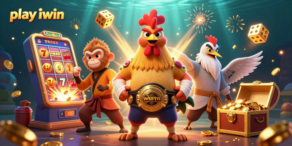 Play iwin with an energetic casino scene featuring vibrant characters and jackpot elements.