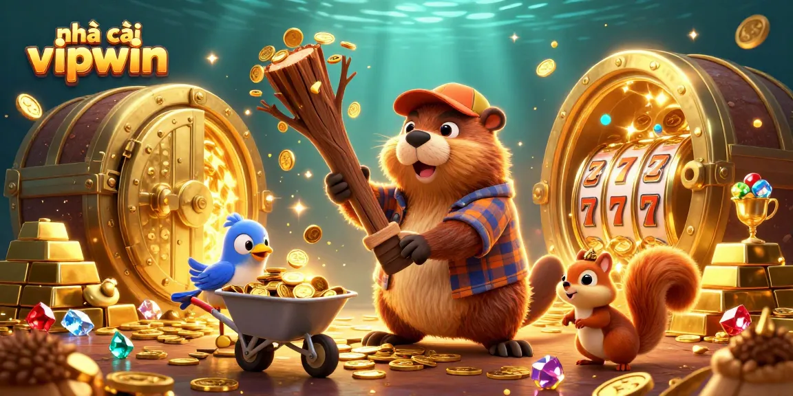 nhà cái vipwin features a lively casino scene with playful characters and sparkling treasures.