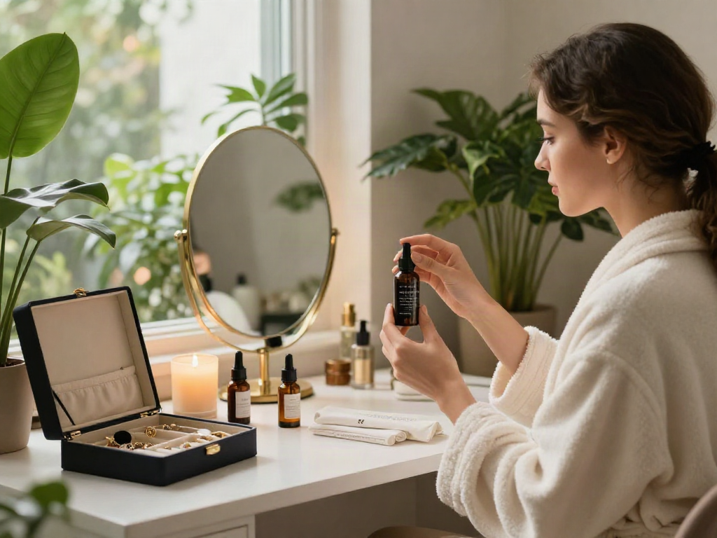 Ellie Nova xxx engaging in a self-care beauty routine in a stylish urban apartment setting.