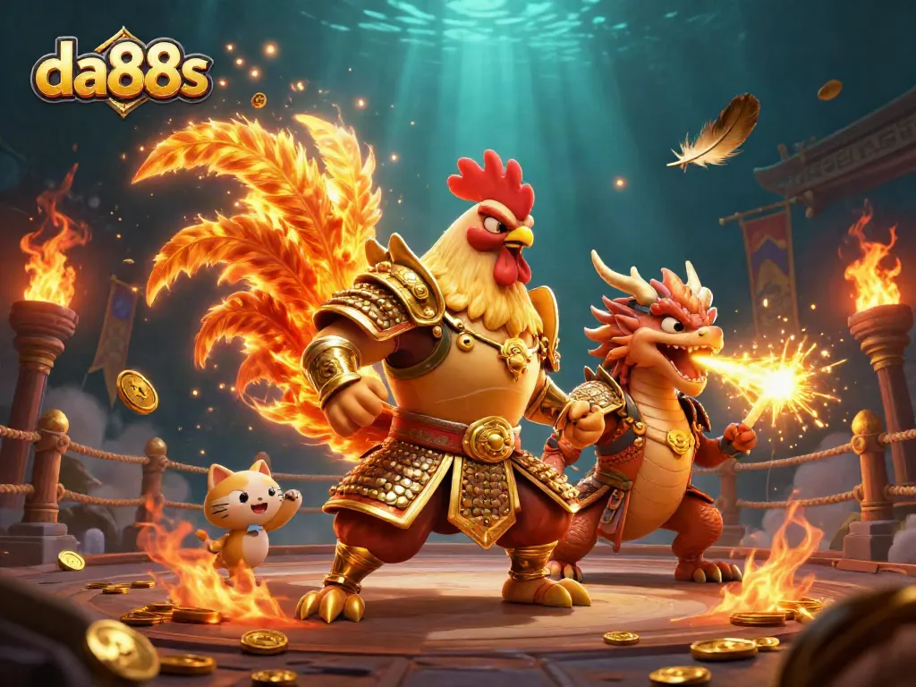 Experience thrilling action with da88s, showcasing a warrior rooster and dragon in a vibrant arena setting.