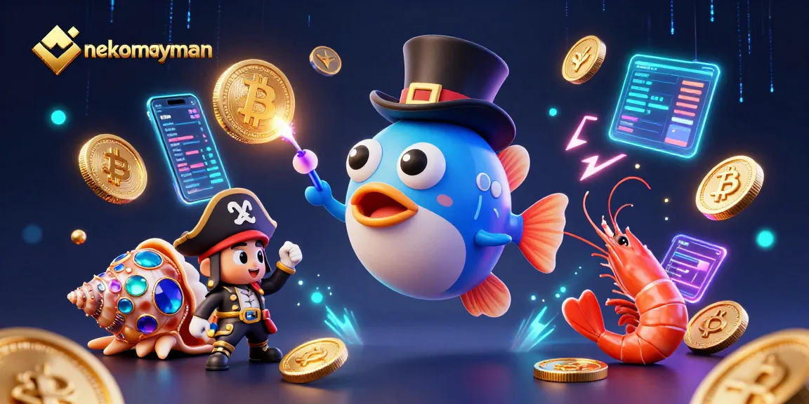 Engage in thrilling gameplay with nekomayman, featuring a vibrant 3D scene of magical sea creatures and glowing crypto coins.
