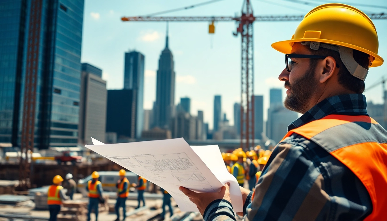 New York City Construction Manager directing a busy construction site with blueprints.