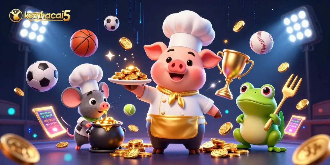 Engage with keonhacai5 through a vibrant 3D illustration showcasing sports balls and gold coins in an exciting betting atmosphere.