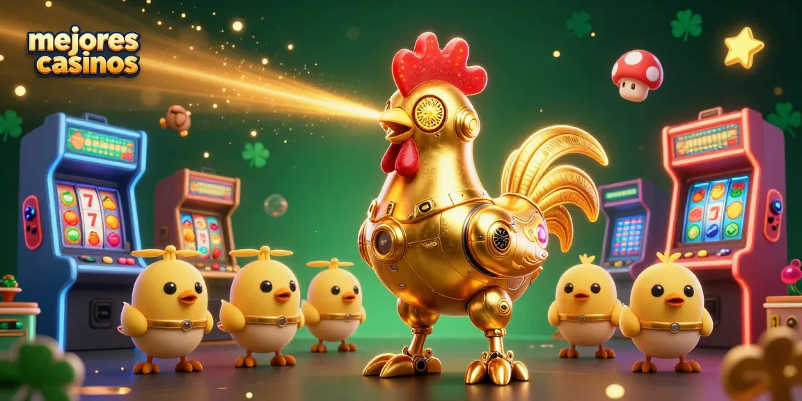 Los mejores casinos en línea presentan una vibrante escena con un robot gallo y drones, disparando láseres y rodeados de máquinas de juegos.