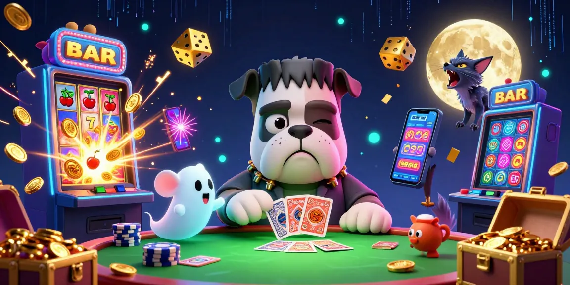 Bermain di Situs Slot dengan anjing Frankenstein dan kucing werewolf, dikelilingi mesin slot dan koin emas.