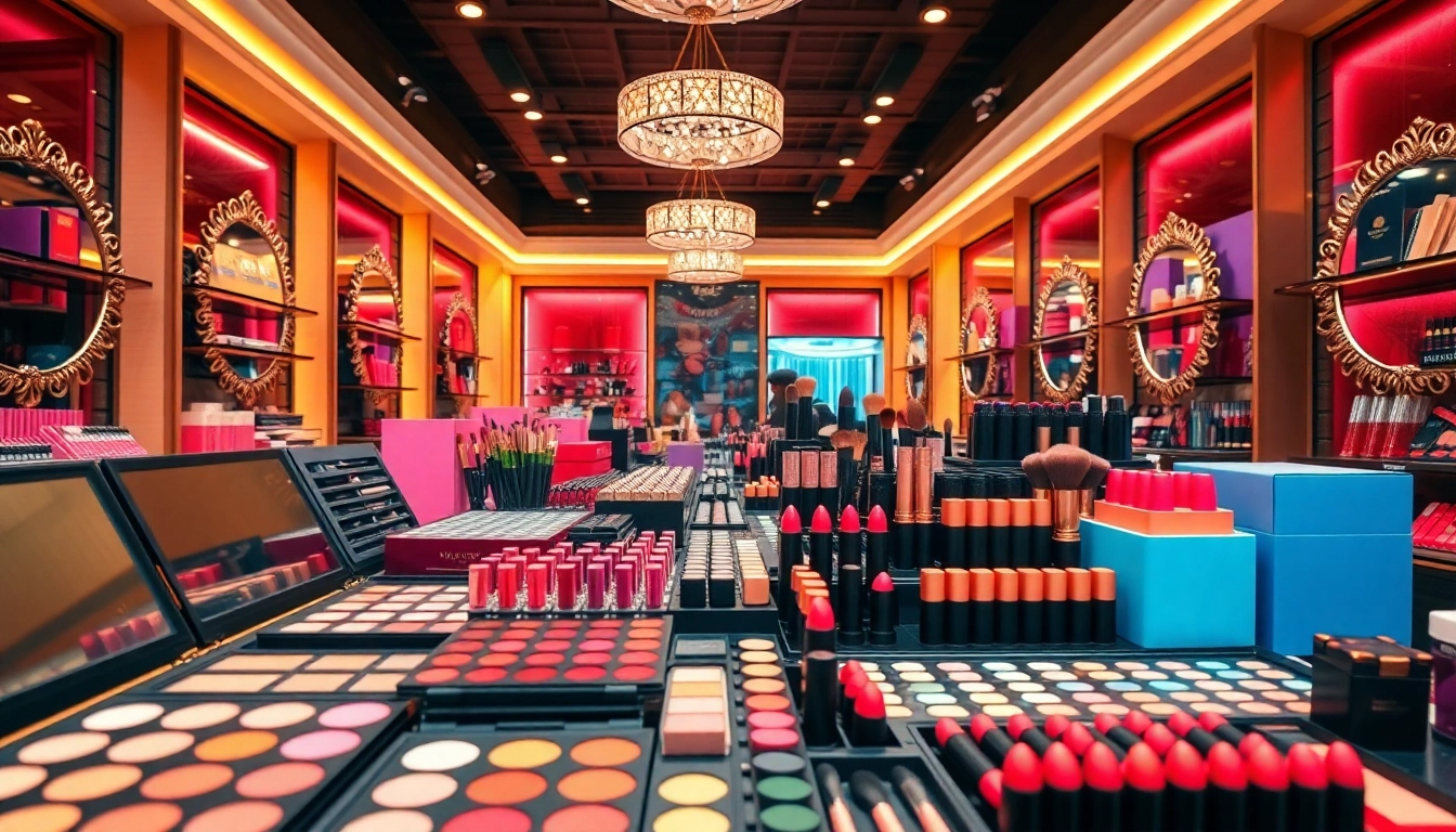 Showcase of vibrant makeup wholesale products arranged attractively in a chic retail space.