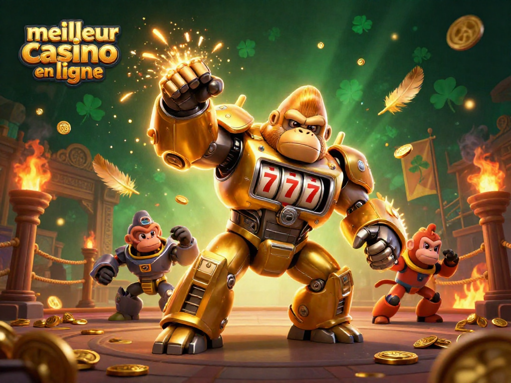 Découvrez le meilleur casino en ligne avec un gorille mech en or et ses symboles de gain captivants.