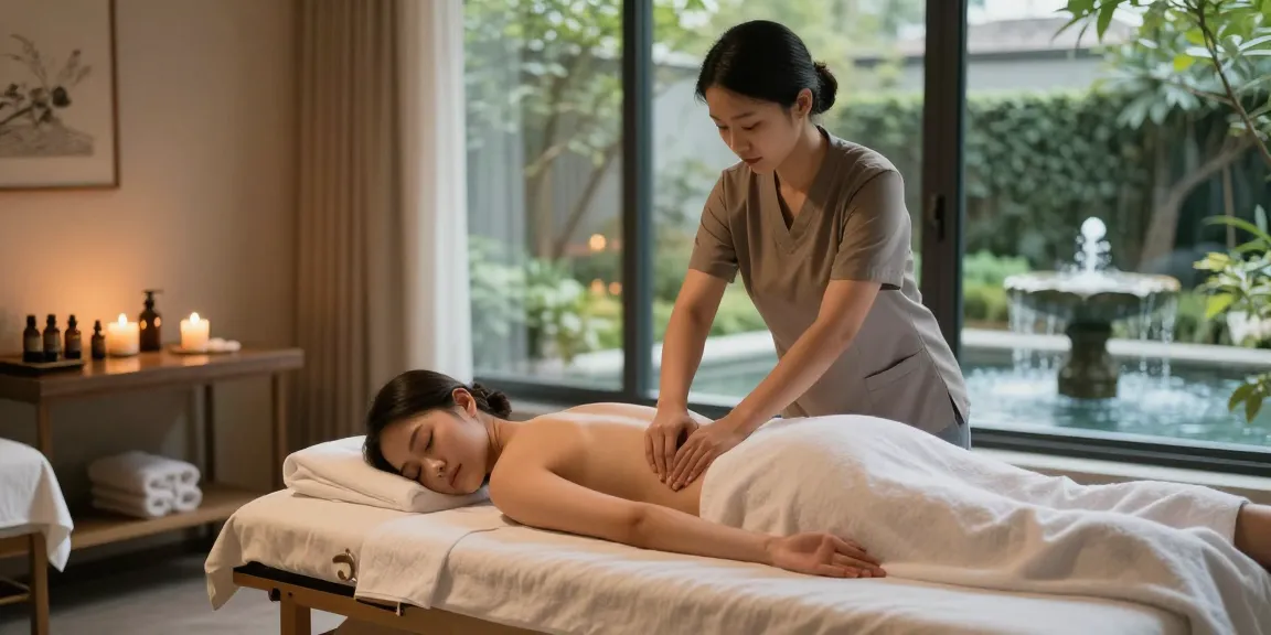 마사지 중인 고객과 치료사, 아로마 오일과 촛불로 꾸며진 현대적인 스파 환경