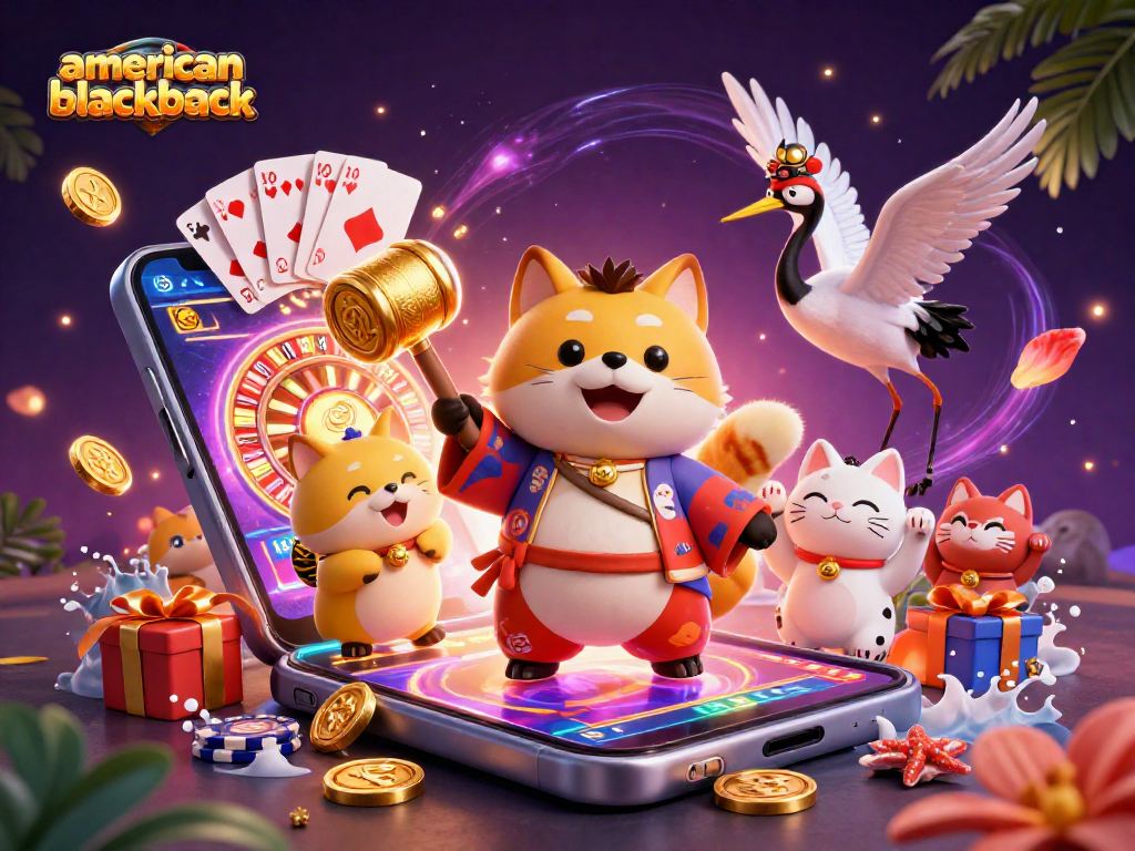 Experience the excitement of american-blackjack with this vibrant casino illustration showcasing festive characters and thrilling game elements.