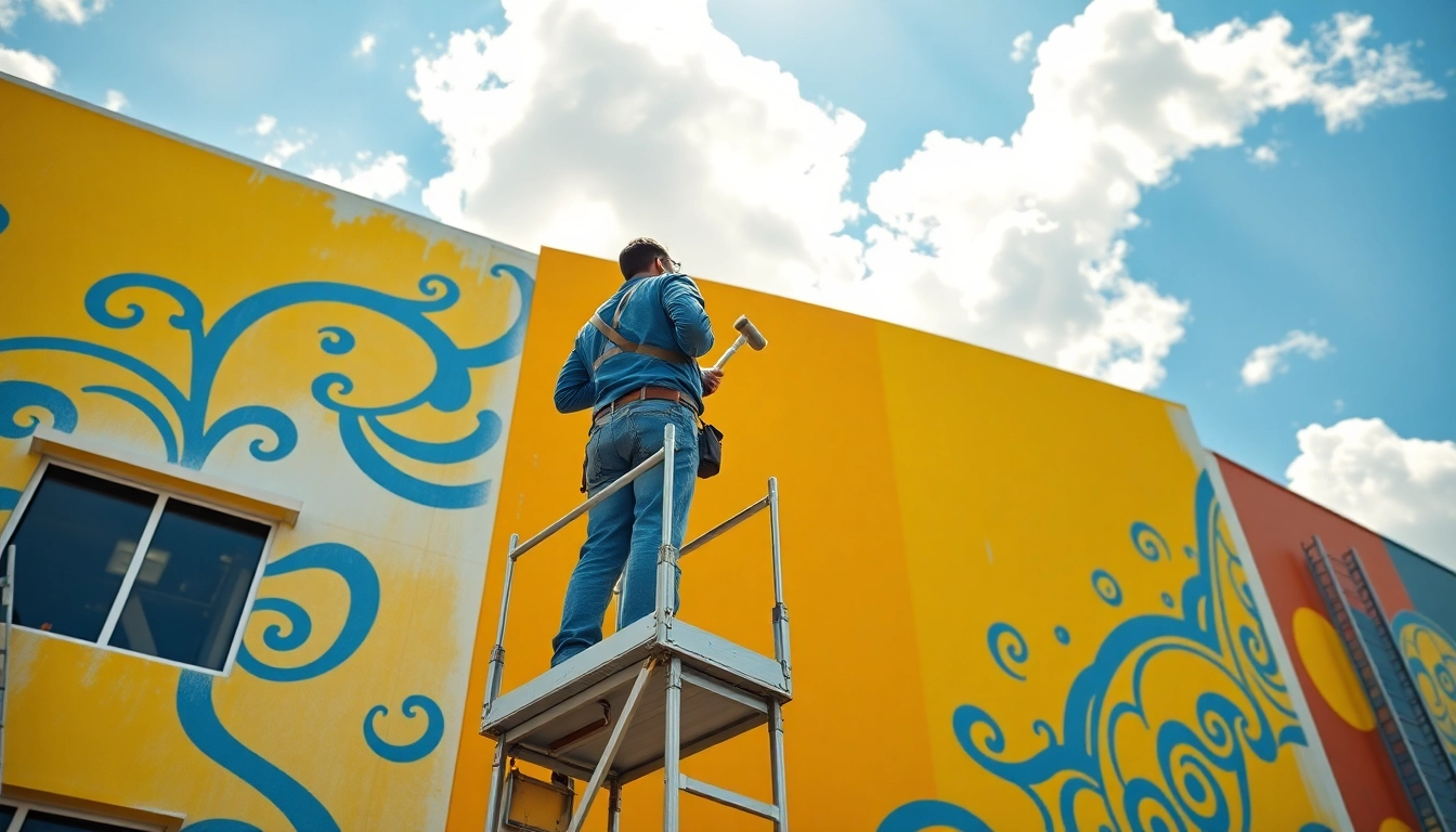 Showcasing commercial paint services, a painter revitalizes an exterior wall with vibrant colors.