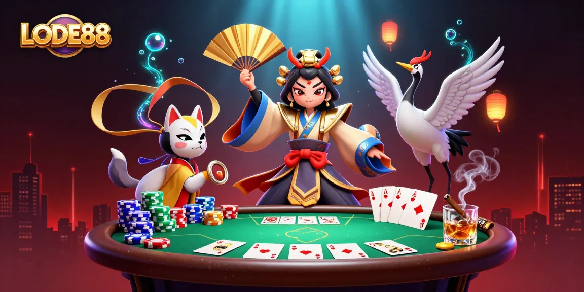 Engage with lively atmosphere at LODE88's poker table, featuring colorful chips and dramatic characters.
