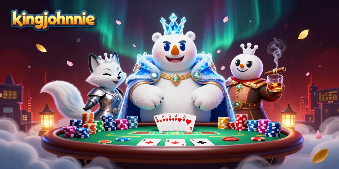 Engage with kingjohnnie's thrilling poker scene featuring an ice king polar bear and enchanting fox surrounded by cards and chips.