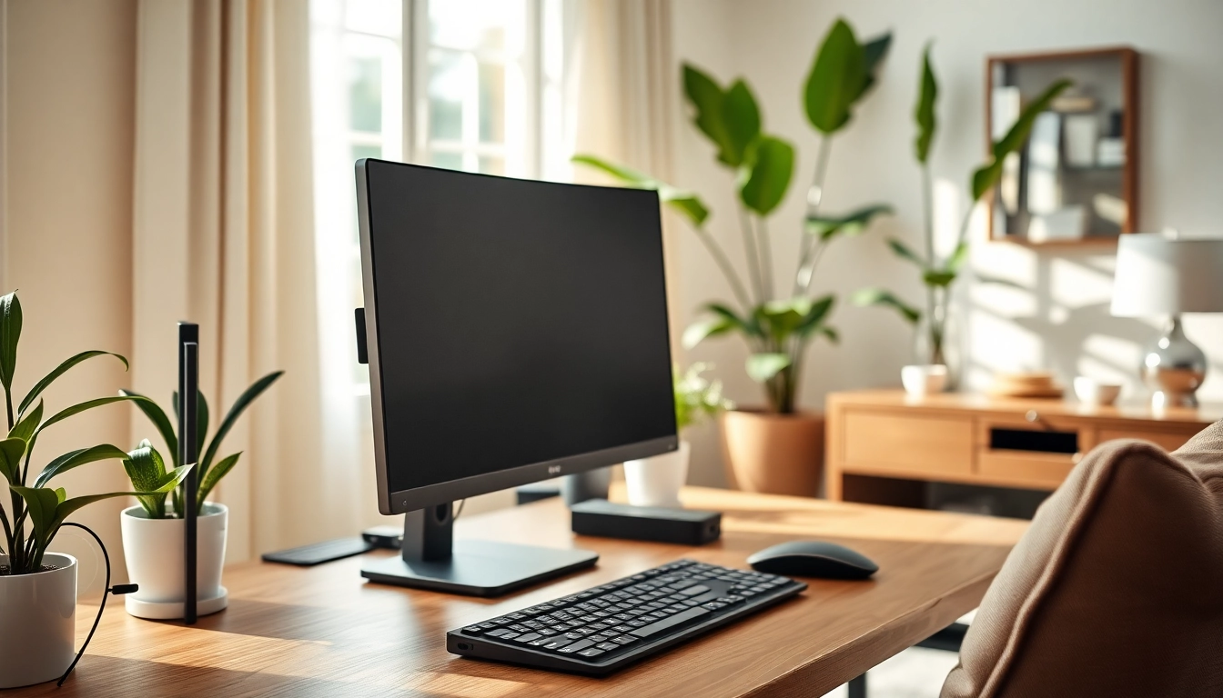 pc σε μια μοντέρνα γραφειακή διάταξη με κομψό σχεδιασμό και φυσικό φωτισμό.