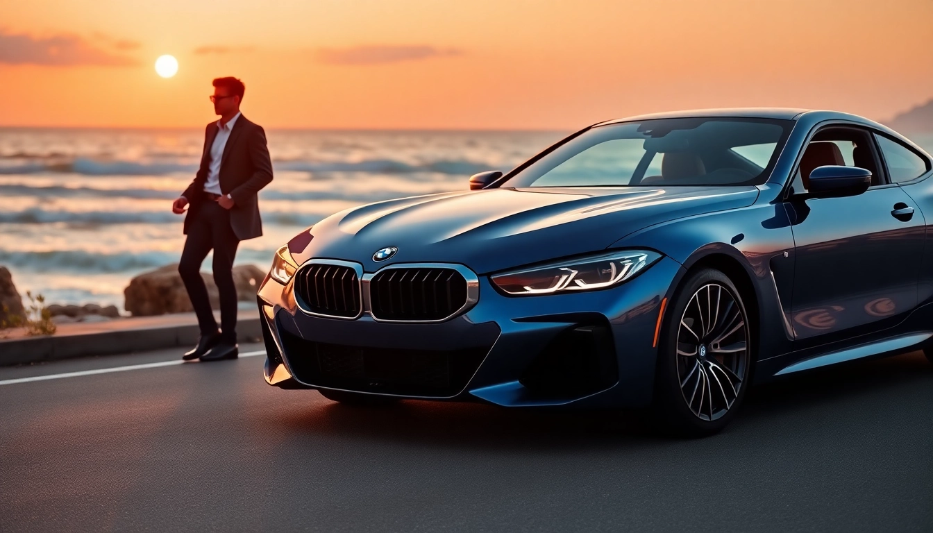Dynamic view of a Luxury BMW car parked by the coast, showcasing its elegance and design.