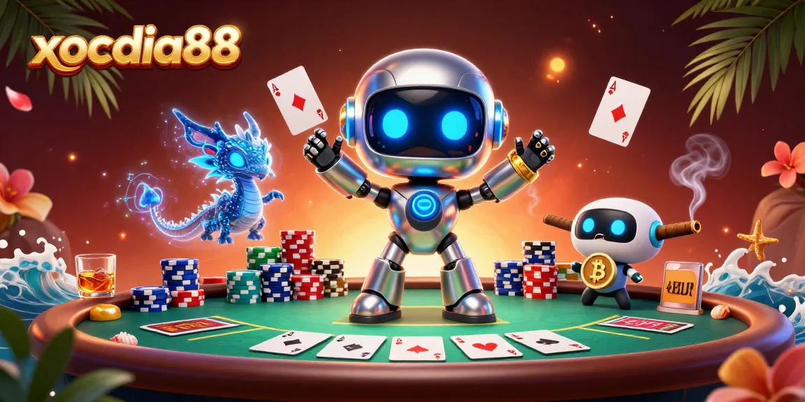 Engage with thrilling xocdia88 casino action featuring a cyberpunk robot and poker elements for ultimate fun.