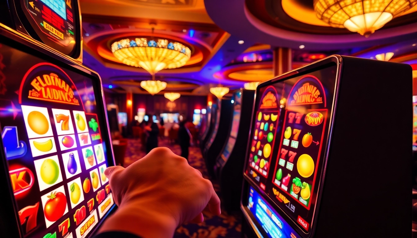 Experience the excitement of slot gambling with vibrant reels and players in a lively casino setting.