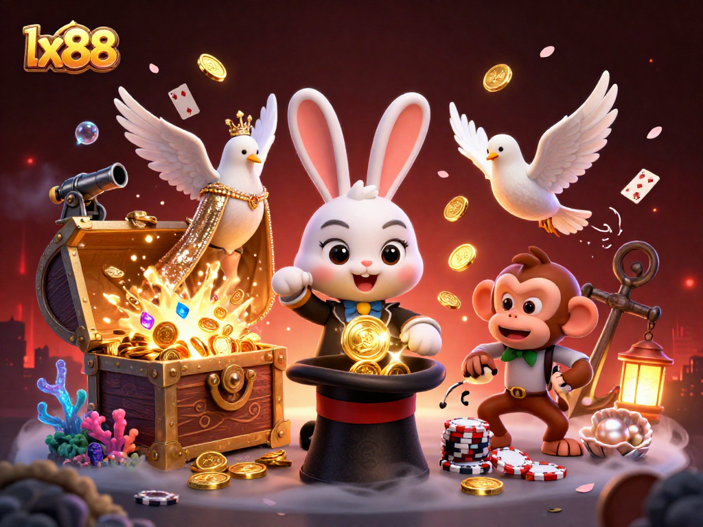 Experience the thrill at lx88 with magical rabbits, dazzling doves, and playful monkeys in a vibrant casino scene.