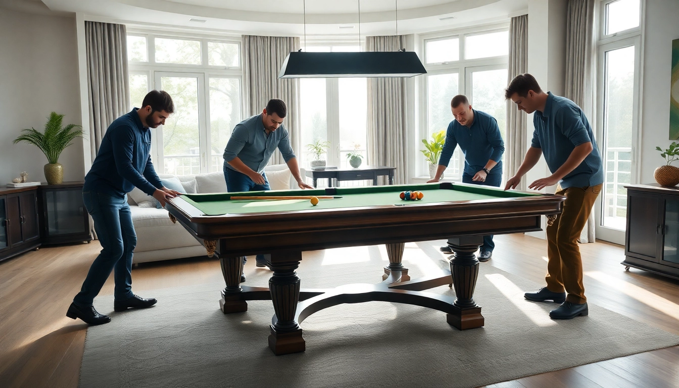 Expert game table movers services demonstrates careful handling of a billiard table in a well-lit living room.