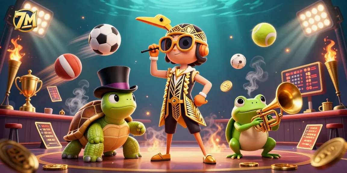 Experience the excitement of sports betting with 7M's dynamic scene featuring vibrant characters and game elements.