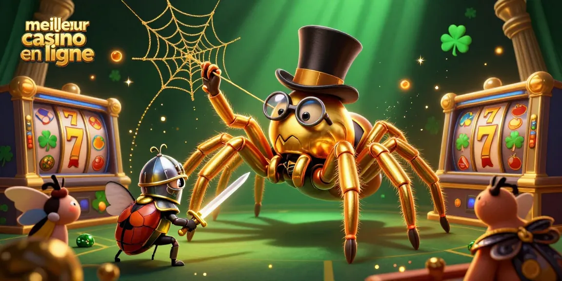 Admirez le meilleur casino en ligne avec une tarentule dorée et des rouleaux de machines à sous éclatants.