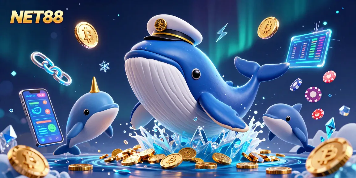 NET88 showcases a vibrant 3D scene with a cartoon whale, cryptos, and poker symbols!