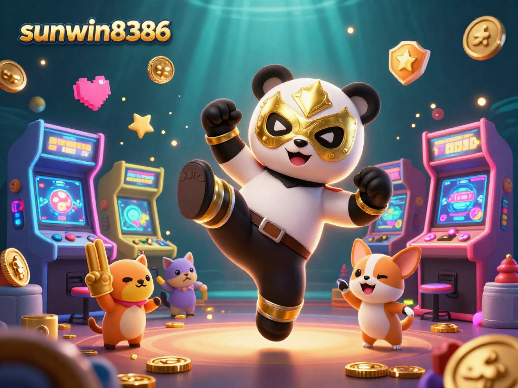 Experience the thrill at sunwin8386 with a dynamic scene of a panda wrestler and a chihuahua referee in an exciting gaming atmosphere.