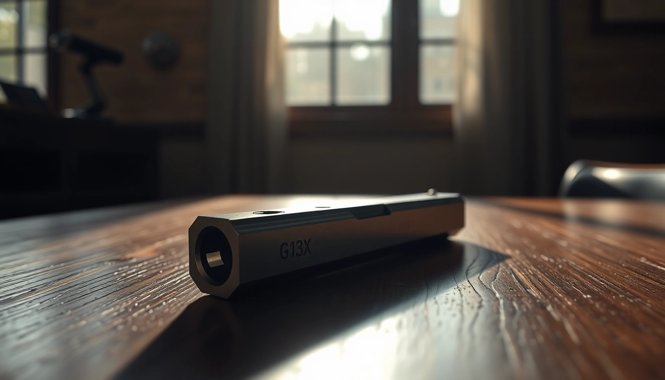 A close-up view of a glock 43x slide showcasing its design and features.