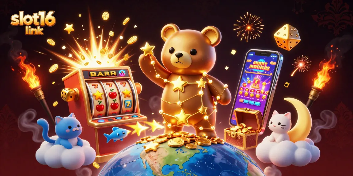 Engage with the vibrant slot16 link scene, featuring a constellation bear, slot machines, and dynamic casino elements.