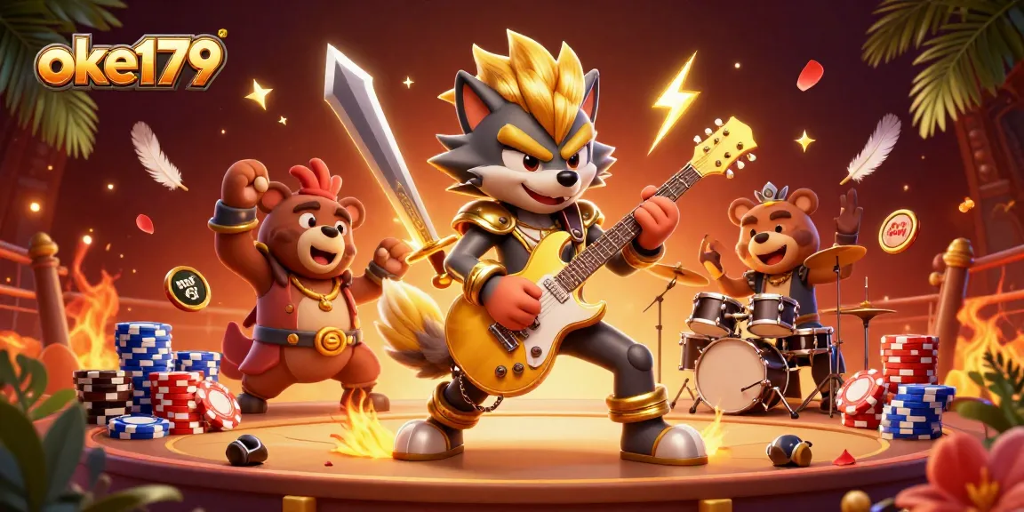 Engage with the dynamic cockfighting scene at oke179 with a rock star wolf and vibrant casino elements.