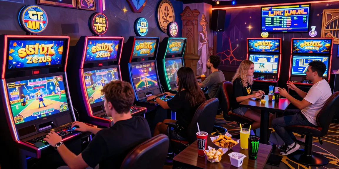 A lively gaming lounge showcasing friends enjoying situs 888 Slot Zeus with vibrant graphics and exciting atmosphere.