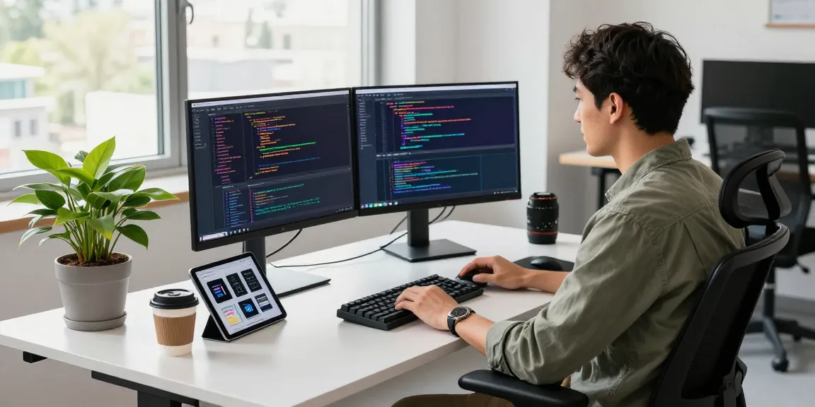Dynamic tech workspace showcasing bdtjl software development with coding screens and modern gadgets.