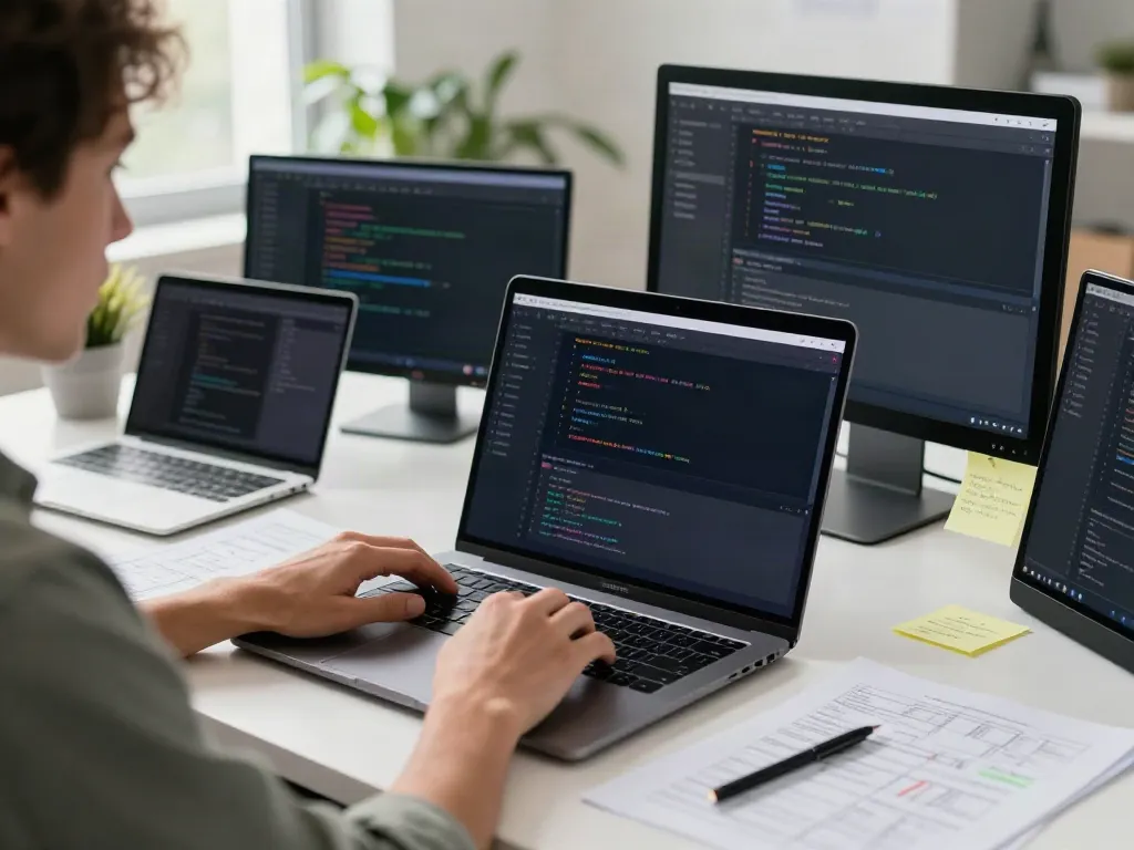 Developer engaged in coding on the Brave浏览器 in a collaborative workspace.