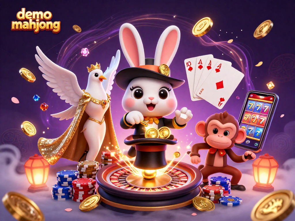 Demo mahjong menunjukkan karakter kelinci penyihir menarik koin emas, dikelilingi elemen kasino menarik.