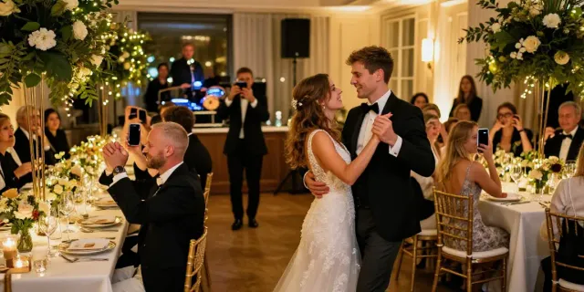 hochzeit DJ berlin brandenburg celebrating couple dancing at wedding reception with elegant decor