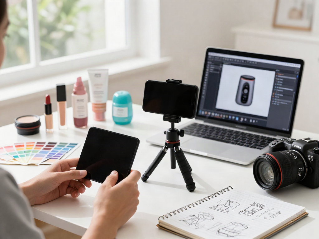 AI product photo generator in action, showcasing a person taking product photos with a smartphone.
