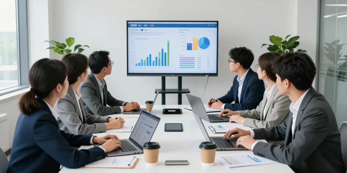 Business professionals analyzing SAM vs SOM data in a modern conference room