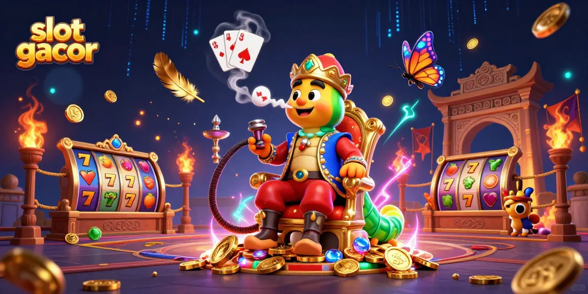 Engage in slot gacor games with a whimsical caterpillar and vibrant casino elements.