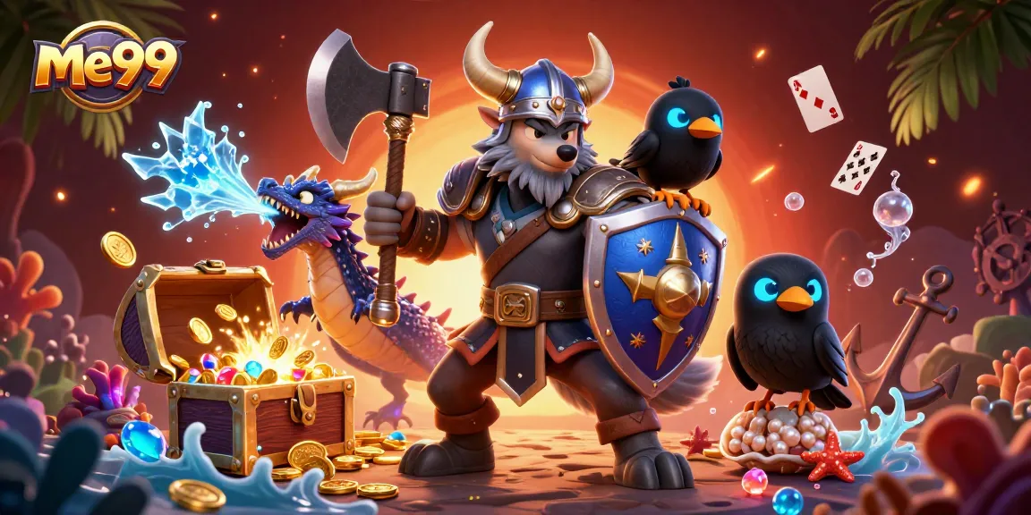 Spin the reels at me99 with a whimsical Viking wolf warrior, fierce dragon, and playful raven amidst riches!